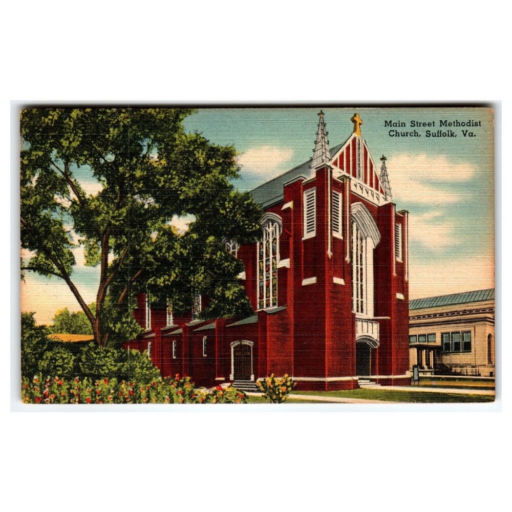 Main Street Methodist Church Suffolk VA Tichnor Linen Postcard 1920s